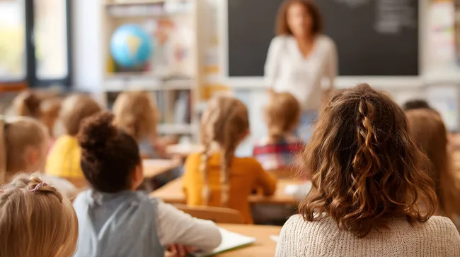 Grundschulklasse beim Unterricht von hinten fotografiert