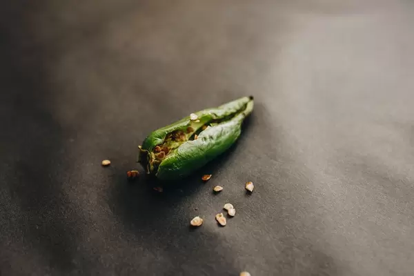 Grüne Chilischote und verstreute Chili-Samen vor dunklem Hintergrund