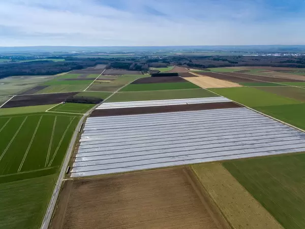 Grüne Felder und ein Feld unter Folie - Luftbild