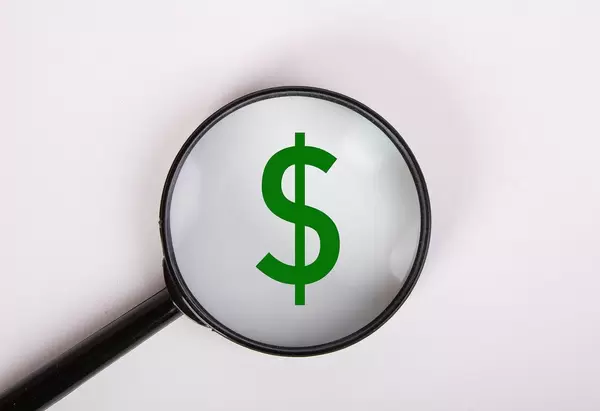 Grünes Dollar-Zeichen, vergrößert dargestellt unter einer Lupe