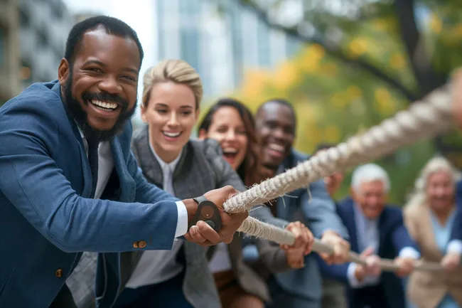 Gruppe arbeitet zusammen, um eine gemeinsame Herausforderung zu meistern