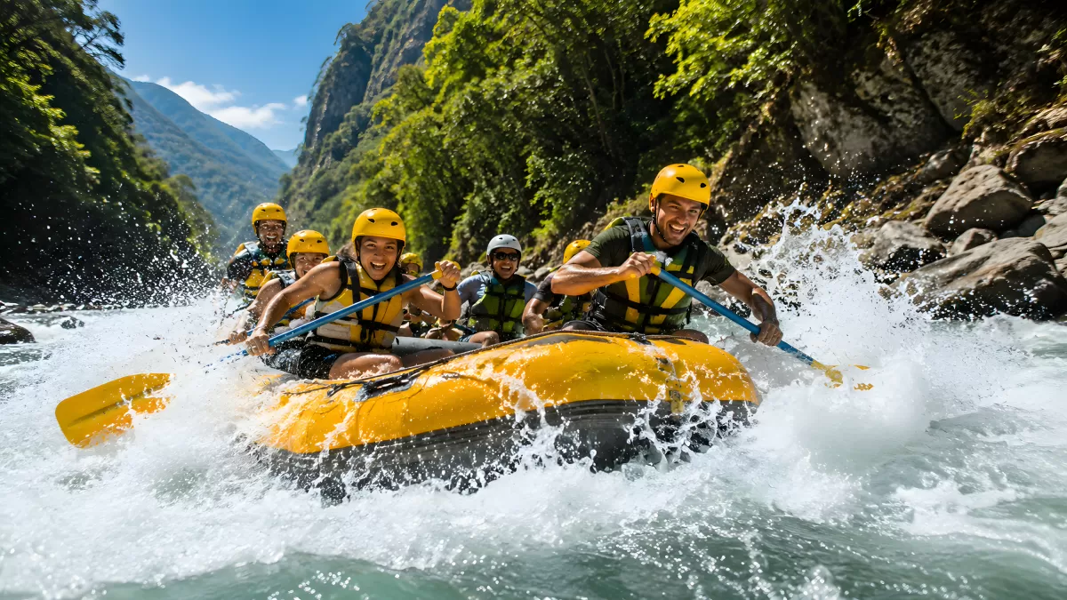 Gruppe beim Wildwasser-Rafting in einer Bergschlucht