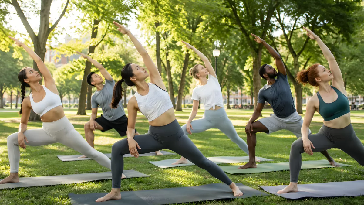 Gruppe beim Yoga im Park in Krieger-Pose