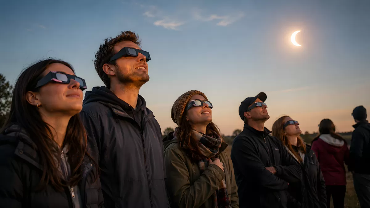 Gruppe beobachtet partielle Sonnenfinsternis mit Schutzbrille