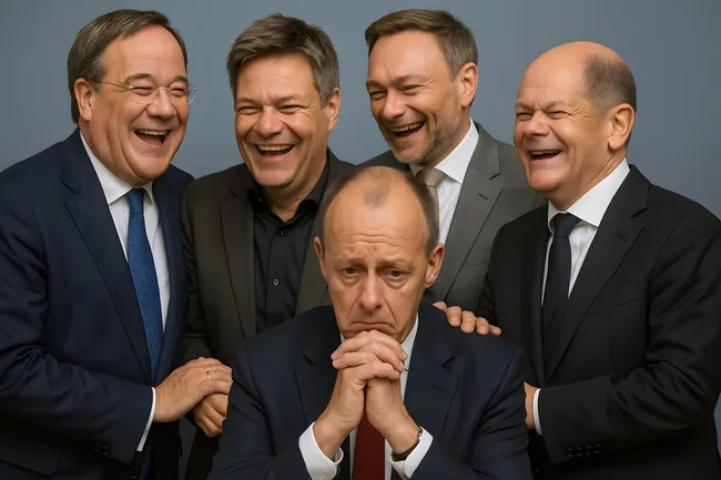 Gruppe deutscher Politiker lacht amüsiert zusammen