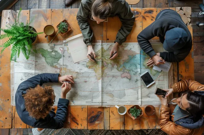 Gruppe Freiwilliger plant Abenteuerreise auf Karte