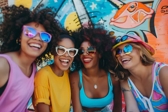 Gruppe junger Frauen in bunter Streetart-Umgebung