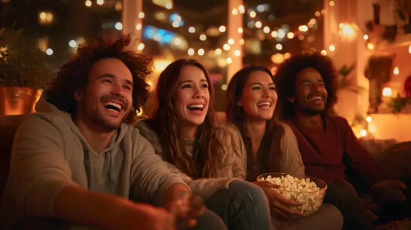 Gruppe junger Menschen beim gemeinsamen Fernsehabend