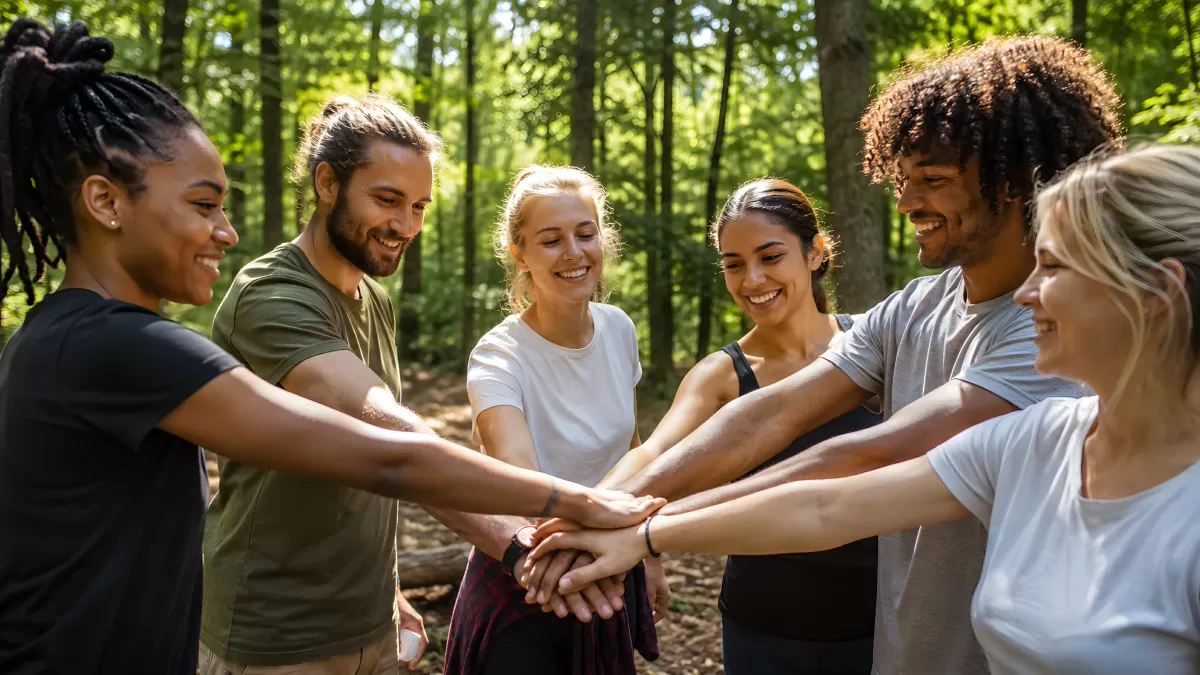 Gruppe junger Menschen bildet Handstapel im Wald