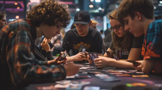 Gruppe junger Menschen spielt Sammelkartenspiel