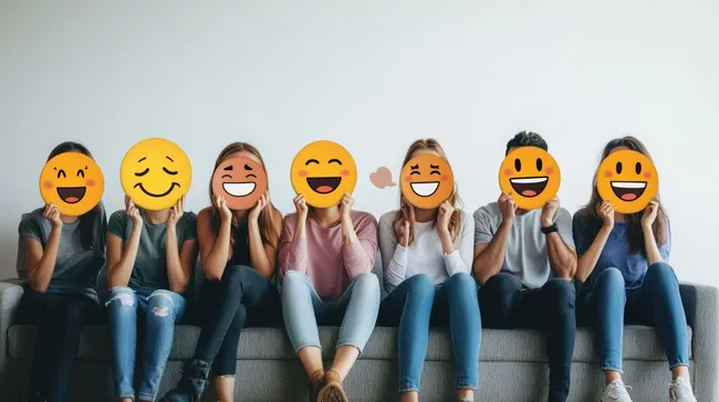 Gruppe junger Menschen zeigt fröhliche Gesichter