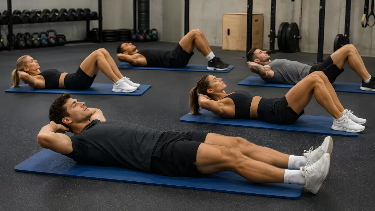 Gruppe macht Crunches auf Matten im Fitnessstudio