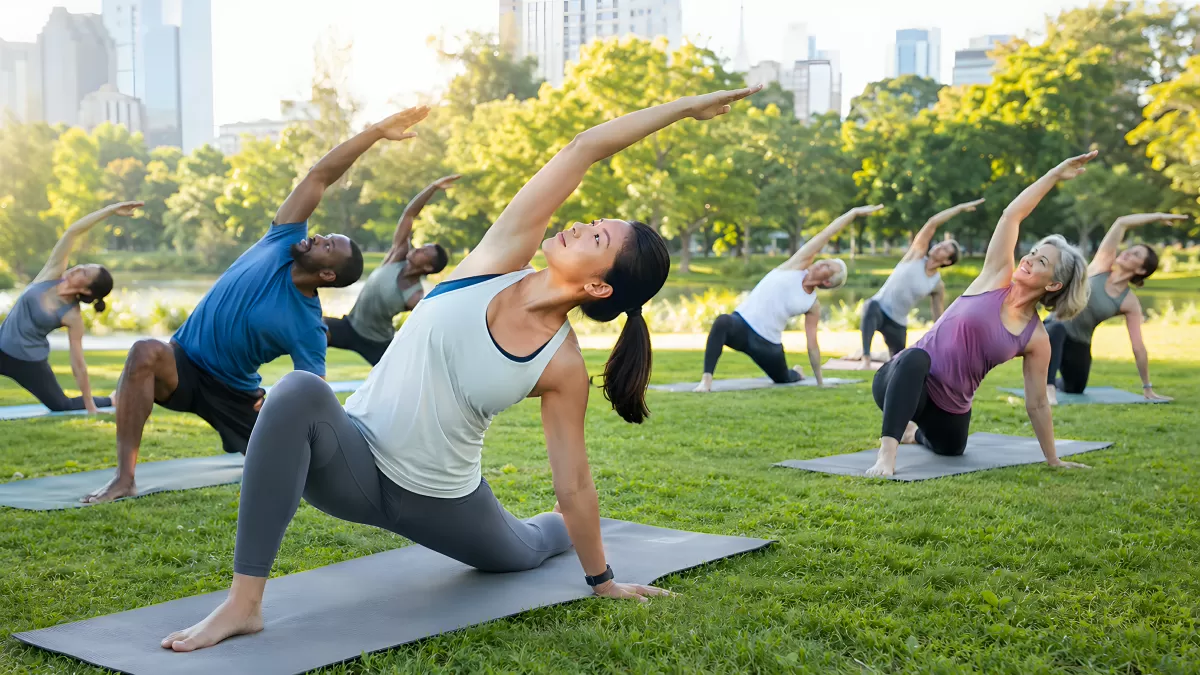 Gruppe macht Yoga im Park bei Sonnenschein