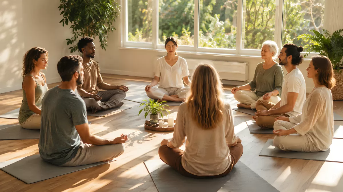 Gruppe meditiert gemeinsam im hellen Yogaraum