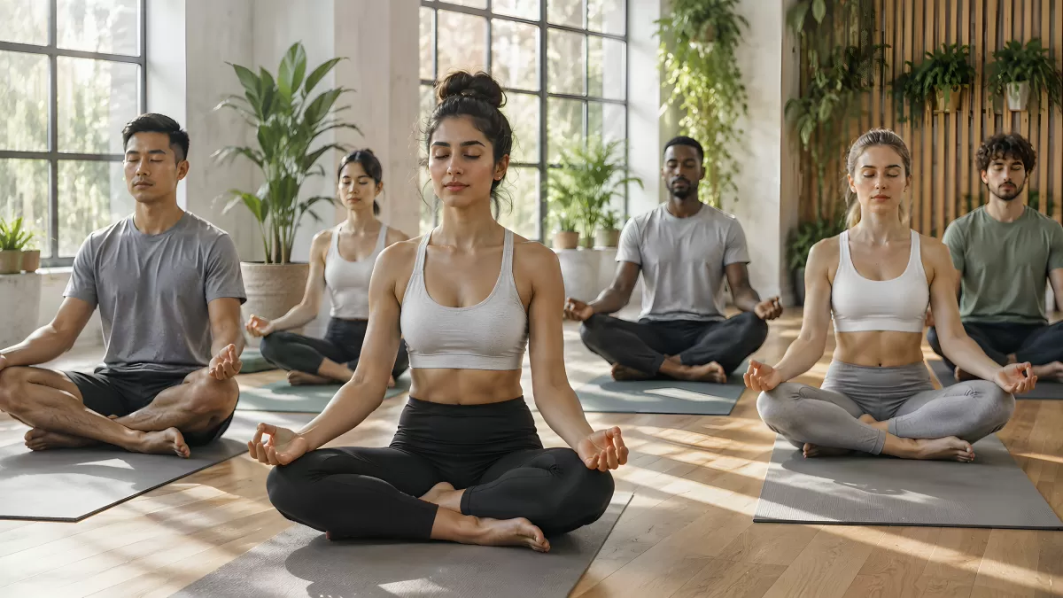 Gruppe meditiert gemeinsam in hellem Yogastudio