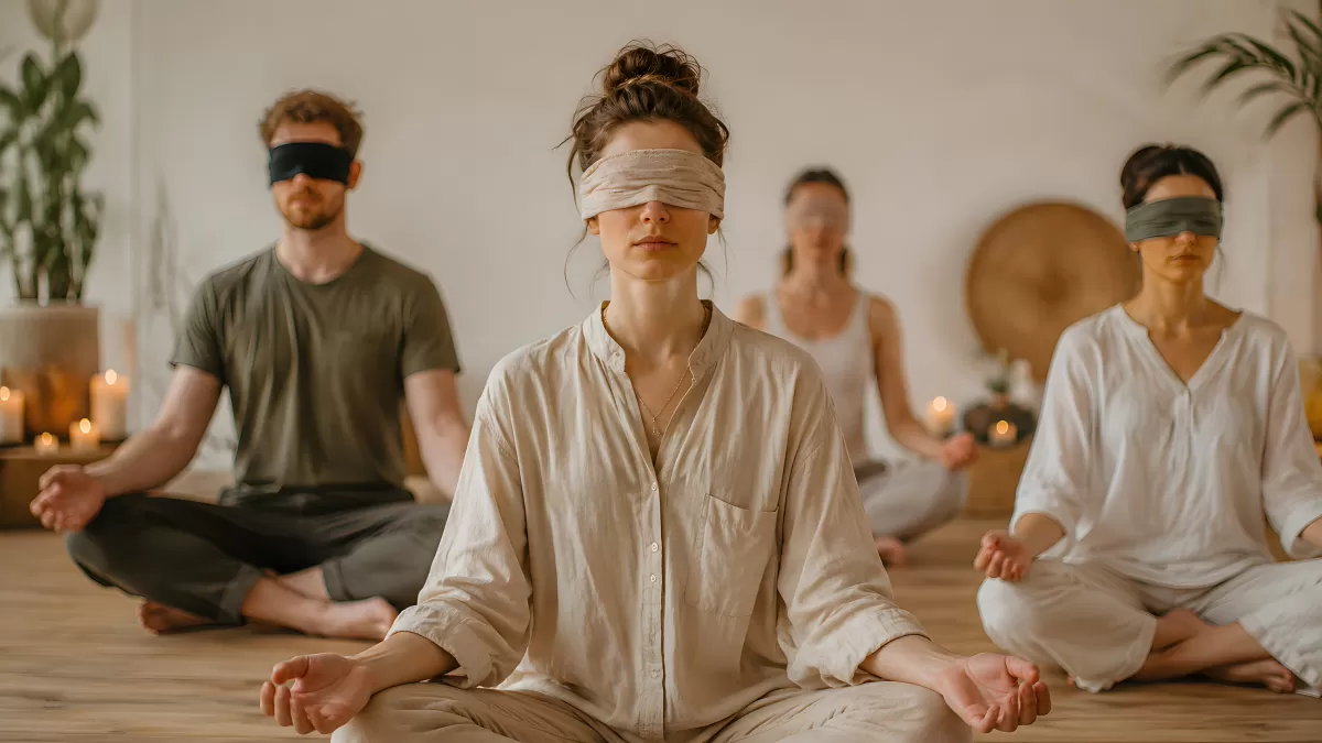 Gruppe meditiert mit Augenbinden im Yogakurs