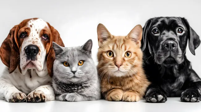 Gruppe niedlicher Haustiere auf weißem Hintergrund