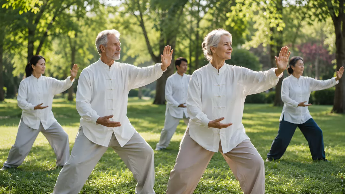 Gruppe praktiziert Tai Chi gemeinsam im Park