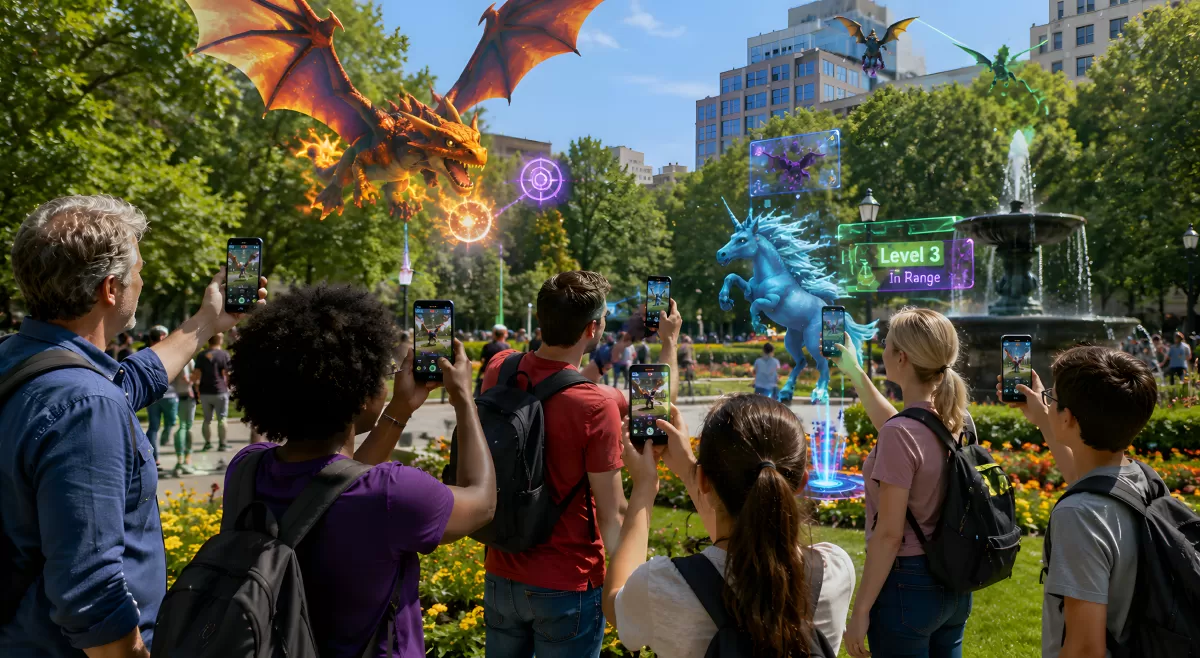 Gruppe spielt Augmented-Reality-Spiel im Stadtpark