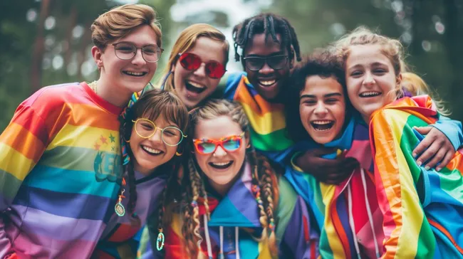 Gruppe von Freunden in Regenbogenoutfits fröhlich lachend