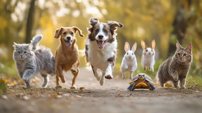 Gruppe von fröhlichen Haustieren unterwegs im Freien