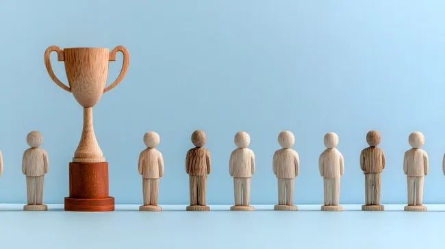 Gruppe von Holzfiguren mit Pokal auf hellblauem Hintergrund