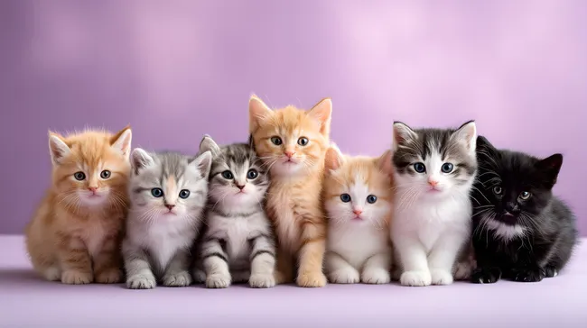 Gruppe von Kätzchen posiert vor lila Hintergrund