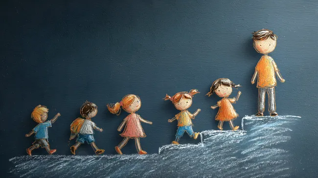 Gruppe von Kindern folgt Lehrerin auf Kreidetreppe