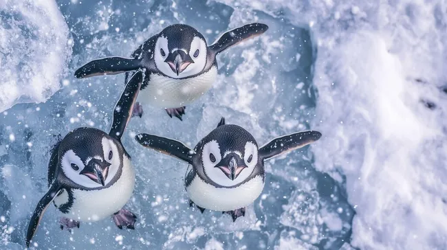 Gruppe von Pinguinen in Schneesturm