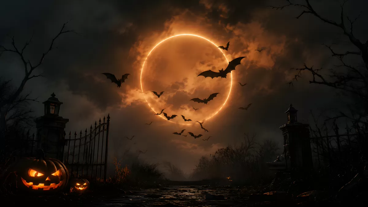 Gruselige Halloween-Nacht mit Fledermäusen und Vollmond