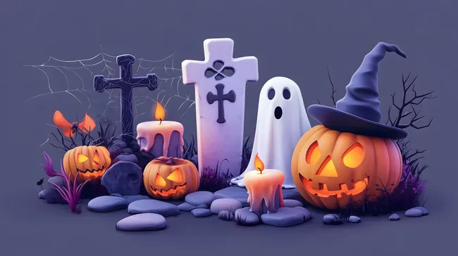 Gruseliger Halloween-Friedhof mit Kürbissen und Grabsteinen