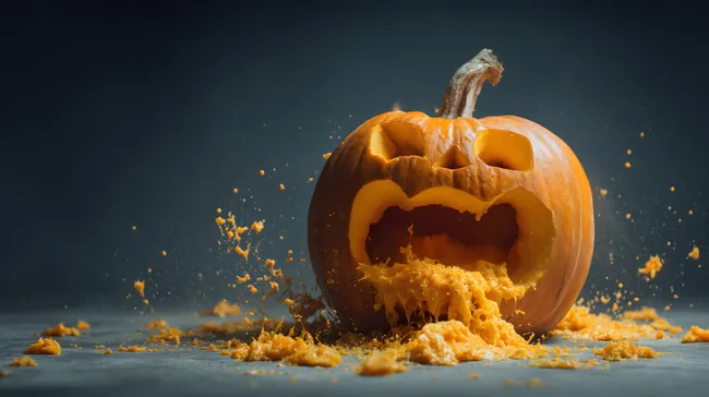 Gruseliger Halloween-Kürbis mit Fruchtfleisch-Überquellung