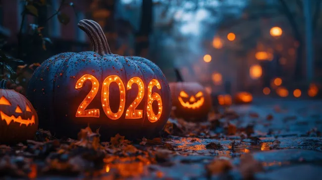 Gruseliger Halloween-Kürbis mit leuchtender 2026-Aufschrift