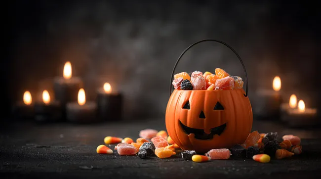 Gruseliger Halloween-Kürbis voller Süßigkeiten und Kerzen