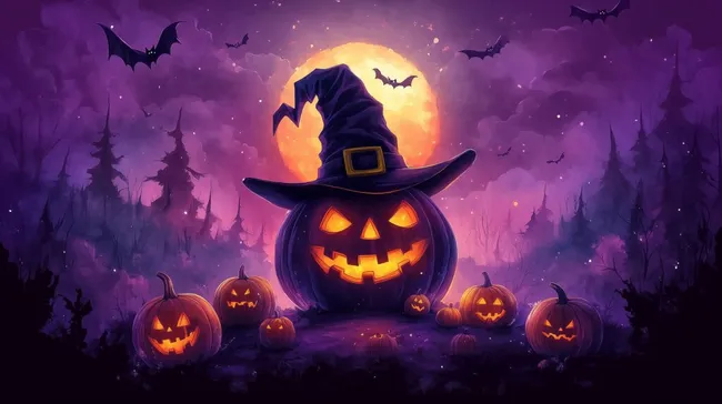 Gruseliger Kürbis mit Hexenhut im Halloween-Wald