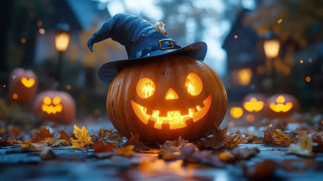 Gruseliger Kürbis mit Hexenhut zur Halloween-Deko