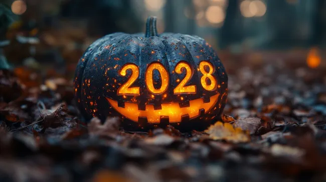 Gruseliger Kürbis mit Jahreszahl 2028 im Laub