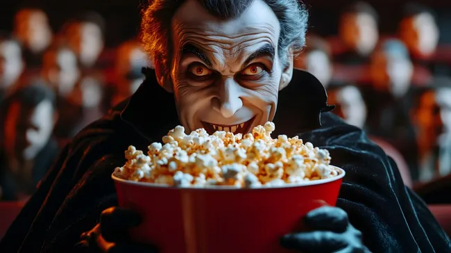 Gruseliger Mann genießt Popcorn im Horrorfilm-Kino