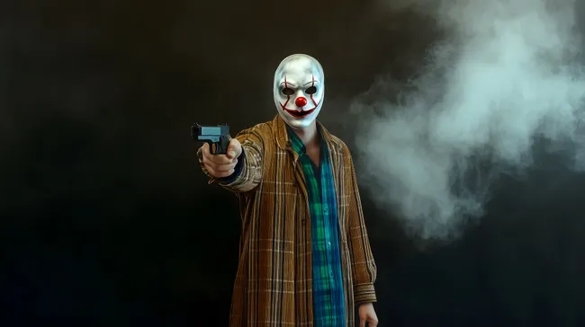 Gruseliger Raubtier-Clown mit Pistole in düsterem Ambiente