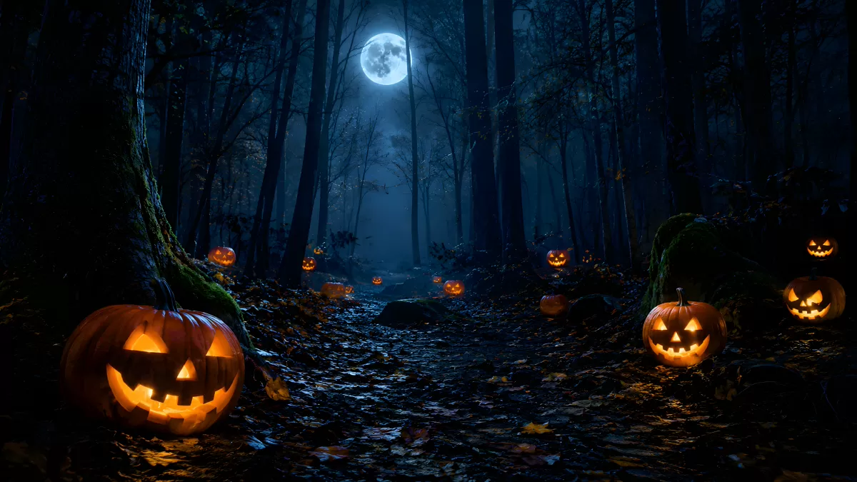 Gruseliger Waldweg mit leuchtenden Kürbissen bei Vollmond