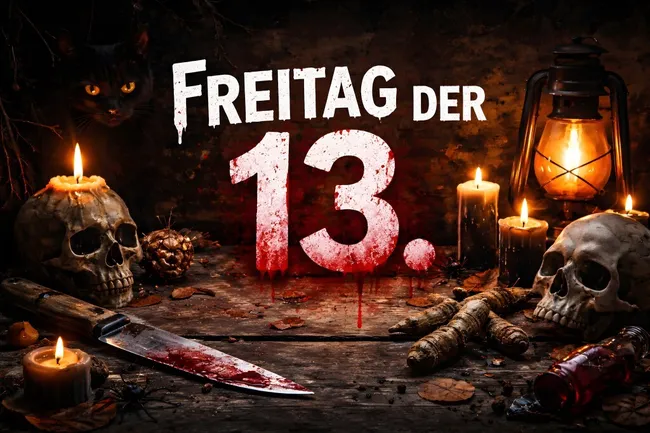 Gruseliges Freitag-der-13.-Stillleben mit Schädeln und Kerzen