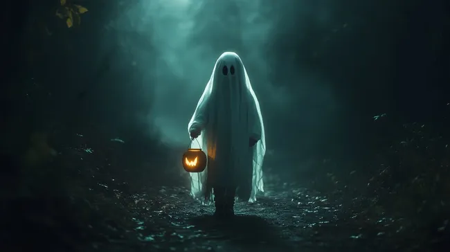 Gruseliges Geisterkostüm mit Kürbislaterne im Wald