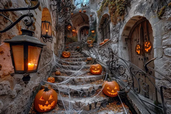 Gruseliges Halloween-Dekor mit Kürbissen in historischer Gasse