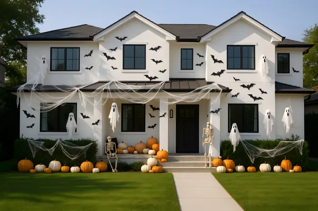 Gruseliges Halloween-Haus mit Kürbissen und Skeletten