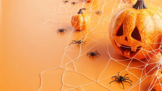 Gruseliges Halloween-Stilleben mit Kürbissen und Spinnen