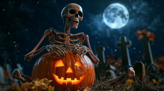 Gruseliges Skelett mit Halloween-Kürbis auf Friedhof