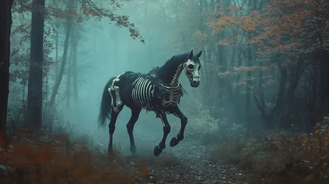 Gruseliges Skelettpferd im düsteren Wald