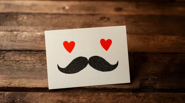 Grußkarte mit schwarzem Schnurrbart und roten Herzen auf Holzhintergrund