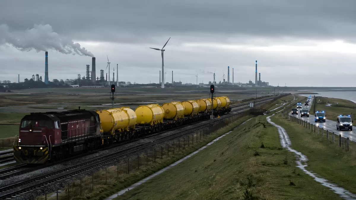 Güterzug mit gelben Tankwagen an Industrieküste
