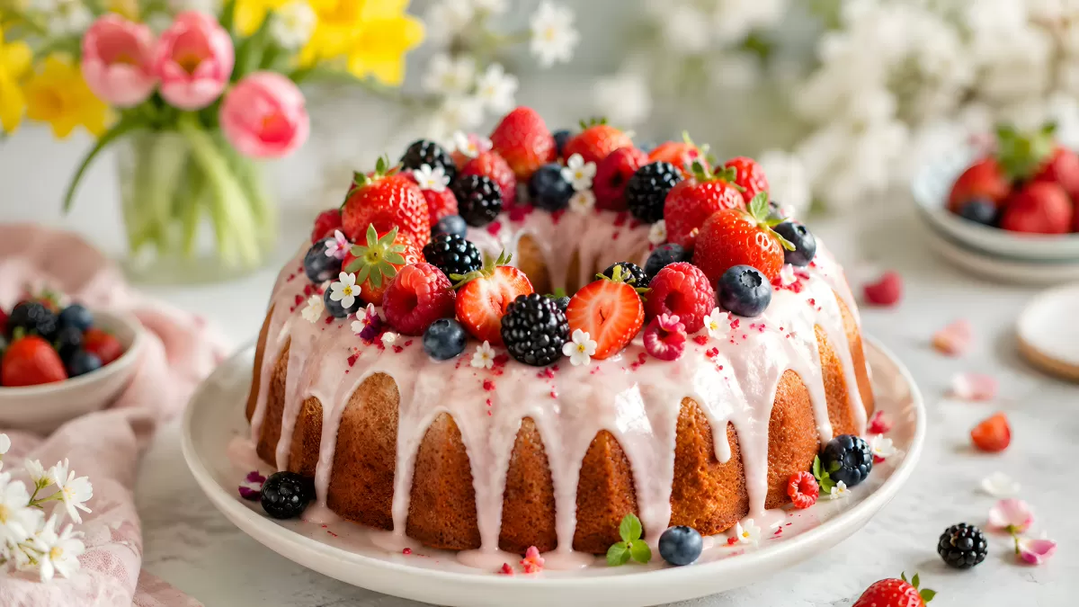 Gugelhupf mit Beerentopping und rosa Zuckerguss